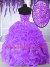 Ideal Purple Organza Lace Up Sweetheart Sleeveless Floor Length Quinceanera Gown Beading and Ruffles
