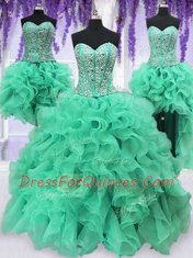 Edgy Four Piece Turquoise Ball Gowns Ruffles and Sequins 15 Quinceanera Dress Lace Up Organza Sleeveless Floor Length