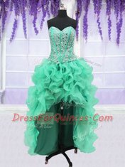 Edgy Four Piece Turquoise Ball Gowns Ruffles and Sequins 15 Quinceanera Dress Lace Up Organza Sleeveless Floor Length