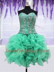 Edgy Four Piece Turquoise Ball Gowns Ruffles and Sequins 15 Quinceanera Dress Lace Up Organza Sleeveless Floor Length