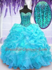 Glittering Aqua Blue Sleeveless Beading and Ruffles and Pick Ups Floor Length Quinceanera Dress