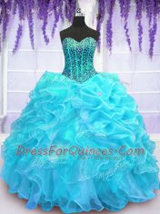 Glittering Aqua Blue Sleeveless Beading and Ruffles and Pick Ups Floor Length Quinceanera Dress