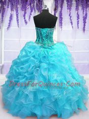 Glittering Aqua Blue Sleeveless Beading and Ruffles and Pick Ups Floor Length Quinceanera Dress