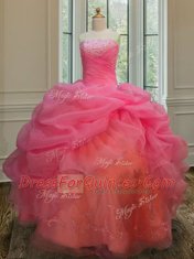 Affordable Pink Ball Gowns Embroidery and Pick Ups Vestidos de Quinceanera Lace Up Organza Sleeveless Floor Length