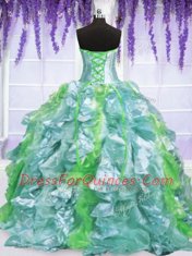 Turquoise Organza Lace Up Strapless Sleeveless Floor Length 15 Quinceanera Dress Embroidery and Ruffles