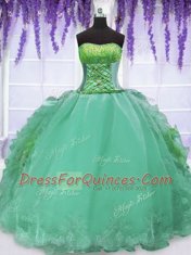 Turquoise Organza Lace Up Strapless Sleeveless Floor Length 15 Quinceanera Dress Embroidery and Ruffles