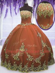 Deluxe Rust Red Sleeveless Floor Length Appliques Zipper Vestidos de Quinceanera
