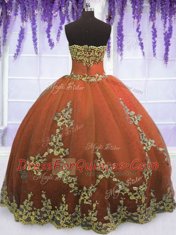 Deluxe Rust Red Sleeveless Floor Length Appliques Zipper Vestidos de Quinceanera