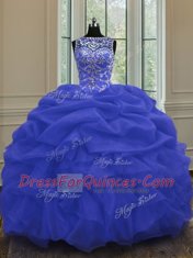Customized Blue Quinceanera Dresses Military Ball and Sweet 16 and Quinceanera and For with Beading and Pick Ups Scoop Sleeveless Lace Up