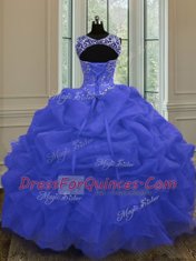 Customized Blue Quinceanera Dresses Military Ball and Sweet 16 and Quinceanera and For with Beading and Pick Ups Scoop Sleeveless Lace Up