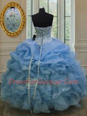 Custom Made Sleeveless Floor Length Beading and Pick Ups Lace Up Quinceanera Gown with Blue