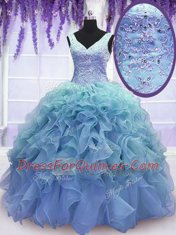 Spectacular Blue V-neck Neckline Beading and Embroidery and Ruffles Quinceanera Gowns Sleeveless Lace Up