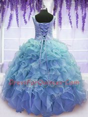Spectacular Blue V-neck Neckline Beading and Embroidery and Ruffles Quinceanera Gowns Sleeveless Lace Up