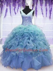 Spectacular Blue V-neck Neckline Beading and Embroidery and Ruffles Quinceanera Gowns Sleeveless Lace Up