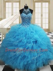 Colorful Scoop Sleeveless Lace Up Vestidos de Quinceanera Baby Blue Tulle