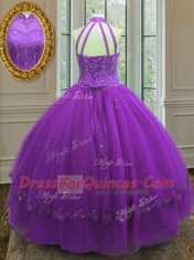 Extravagant High-neck Sleeveless Lace Up Quinceanera Gown Purple Tulle