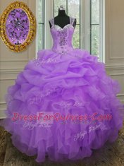 Top Selling Straps Lavender Ball Gowns Beading and Ruffles Quinceanera Gown Zipper Organza Sleeveless Floor Length