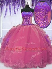 Excellent Ball Gowns Sweet 16 Quinceanera Dress Hot Pink Strapless Organza Sleeveless Floor Length Lace Up