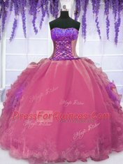 Excellent Ball Gowns Sweet 16 Quinceanera Dress Hot Pink Strapless Organza Sleeveless Floor Length Lace Up