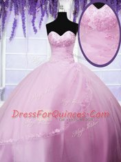 Super Baby Pink Tulle Lace Up Ball Gown Prom Dress Sleeveless Floor Length Appliques