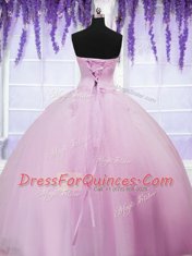 Super Baby Pink Tulle Lace Up Ball Gown Prom Dress Sleeveless Floor Length Appliques