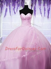 Super Baby Pink Tulle Lace Up Ball Gown Prom Dress Sleeveless Floor Length Appliques