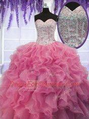 Suitable Floor Length Rose Pink Sweet 16 Quinceanera Dress Organza Sleeveless Ruffles and Sequins