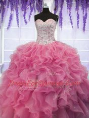 Suitable Floor Length Rose Pink Sweet 16 Quinceanera Dress Organza Sleeveless Ruffles and Sequins