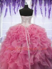 Suitable Floor Length Rose Pink Sweet 16 Quinceanera Dress Organza Sleeveless Ruffles and Sequins