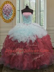 White And Red Ball Gowns Strapless Sleeveless Organza Floor Length Lace Up Beading and Ruffles 15th Birthday Dress