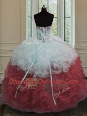 White And Red Ball Gowns Strapless Sleeveless Organza Floor Length Lace Up Beading and Ruffles 15th Birthday Dress