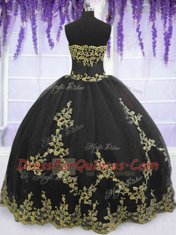 Eye-catching Strapless Sleeveless Zipper 15 Quinceanera Dress Black Tulle