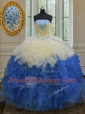 Strapless Sleeveless Vestidos de Quinceanera Floor Length Beading and Ruffles Blue And White Organza