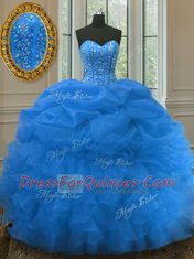 Blue Ball Gowns Beading and Ruffles and Pick Ups Quince Ball Gowns Lace Up Organza Sleeveless Floor Length