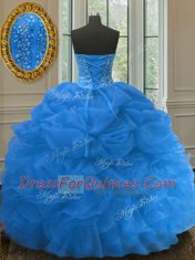 Blue Ball Gowns Beading and Ruffles and Pick Ups Quince Ball Gowns Lace Up Organza Sleeveless Floor Length