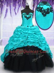 Aqua Blue Lace Up Sweetheart Appliques and Pick Ups Sweet 16 Quinceanera Dress Taffeta Sleeveless Sweep Train