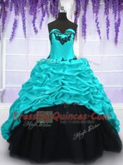 Aqua Blue Lace Up Sweetheart Appliques and Pick Ups Sweet 16 Quinceanera Dress Taffeta Sleeveless Sweep Train