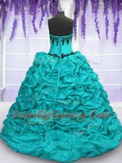 Aqua Blue Lace Up Sweetheart Appliques and Pick Ups Sweet 16 Quinceanera Dress Taffeta Sleeveless Sweep Train