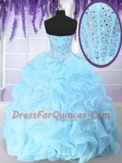 Blue Ball Gowns Sweetheart Sleeveless Organza Floor Length Lace Up Beading and Ruffles 15 Quinceanera Dress