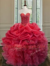 Traditional Coral Red Ball Gowns Organza Sweetheart Sleeveless Beading and Ruffles Floor Length Lace Up Vestidos de Quinceanera