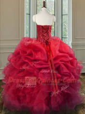 Traditional Coral Red Ball Gowns Organza Sweetheart Sleeveless Beading and Ruffles Floor Length Lace Up Vestidos de Quinceanera