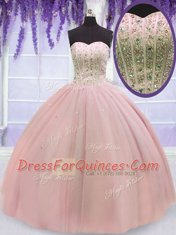 Luxury Baby Pink Lace Up Sweet 16 Quinceanera Dress Beading Sleeveless Floor Length