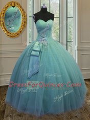 Turquoise Ball Gowns Tulle Sweetheart Sleeveless Beading and Ruching and Bowknot Floor Length Lace Up Quince Ball Gowns