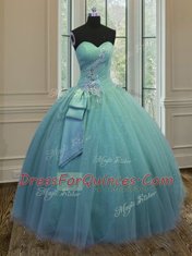 Turquoise Ball Gowns Tulle Sweetheart Sleeveless Beading and Ruching and Bowknot Floor Length Lace Up Quince Ball Gowns