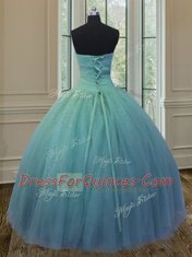 Turquoise Ball Gowns Tulle Sweetheart Sleeveless Beading and Ruching and Bowknot Floor Length Lace Up Quince Ball Gowns