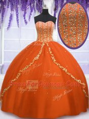 Customized Orange Red Tulle Lace Up Sweetheart Sleeveless Floor Length 15 Quinceanera Dress Beading