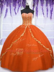 Customized Orange Red Tulle Lace Up Sweetheart Sleeveless Floor Length 15 Quinceanera Dress Beading