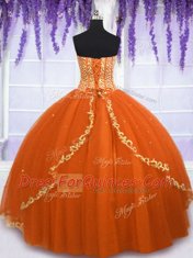 Customized Orange Red Tulle Lace Up Sweetheart Sleeveless Floor Length 15 Quinceanera Dress Beading