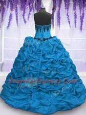 Sweetheart Sleeveless Taffeta Sweet 16 Dresses Appliques and Pick Ups Sweep Train Lace Up