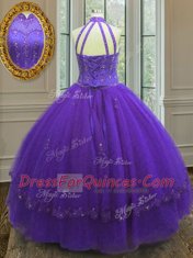 Purple Sleeveless Floor Length Beading and Appliques Lace Up 15th Birthday Dress